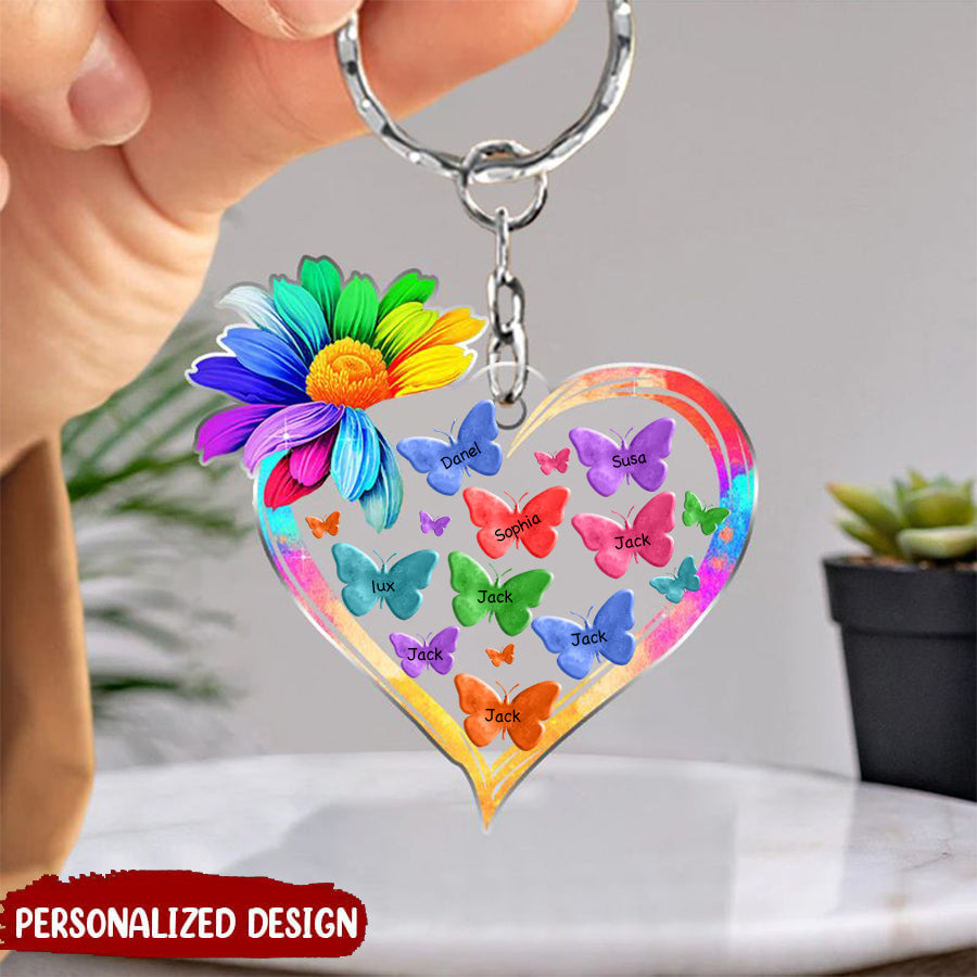 Colorful Rainbow Sunflower Grandma Auntie Mom Butterfly Kids Personalized Acrylic Keychain