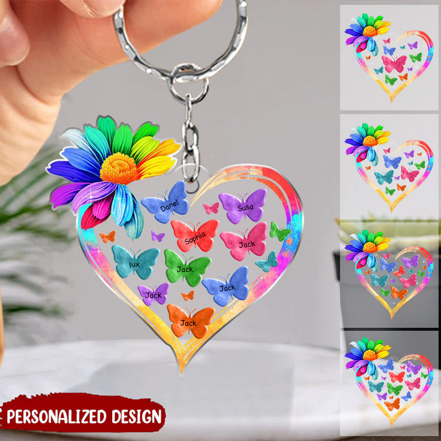 Colorful Rainbow Sunflower Grandma Auntie Mom Butterfly Kids Personalized Acrylic Keychain