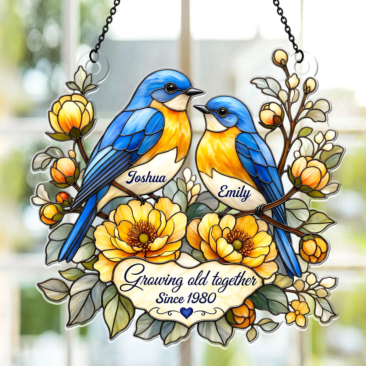 Two Hearts, Two Bluebirds, One Forever - Personalized Acrylic Suncatcher