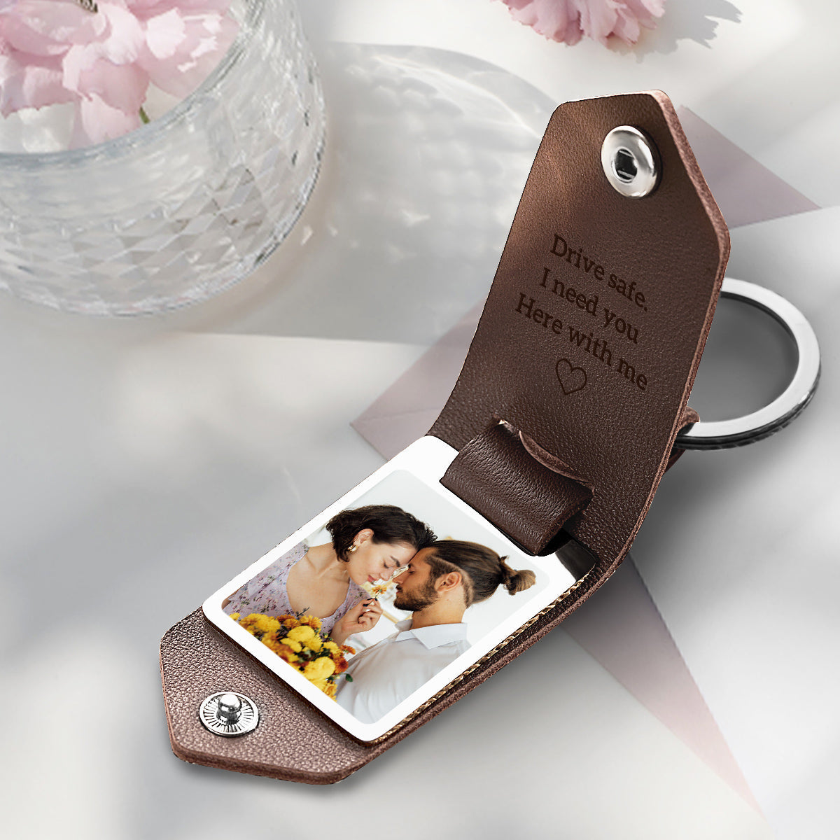 Drive Safe Keychain Personalized Leather Photo Text Keychain Anniversary Gift For Boyfriend With Engraved Text