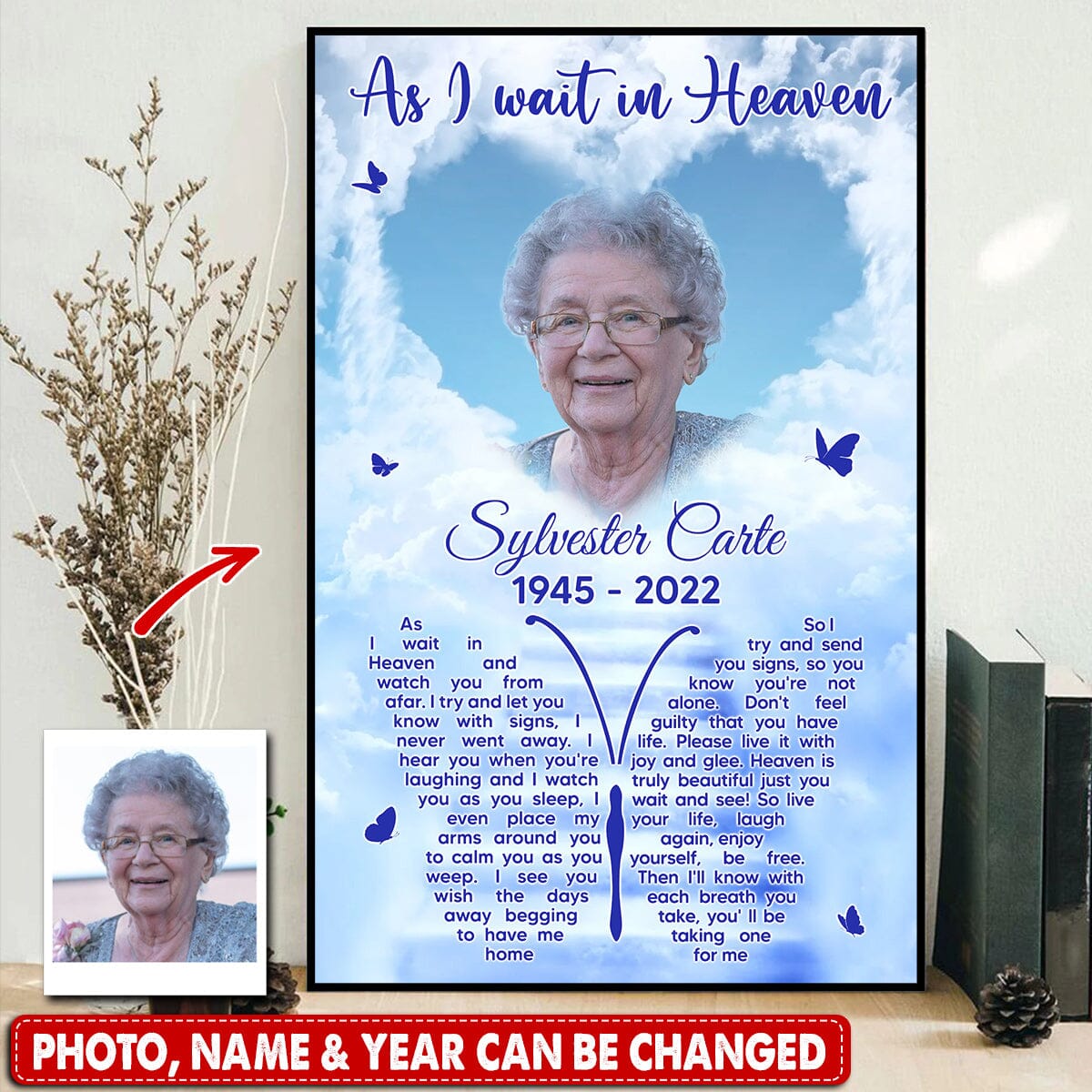 Memorial Upload Image, Heart Butterfly Sky As I Wait In Heaven Personalized Poster