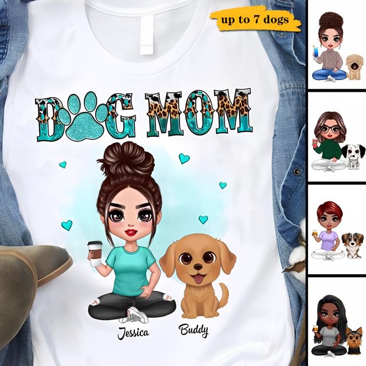 Watercolor Cute Dogs Teal And Leopard Dog Mom Personalized Shirt