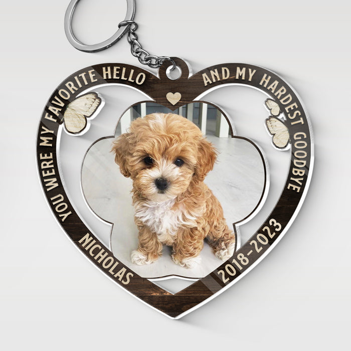 YOU WERE MY FAVORITE HELLO - MEMORIAL PERSONALIZED CUSTOM HEART SHAPED ACRYLIC KEYCHAIN - UPLOAD IMAGE