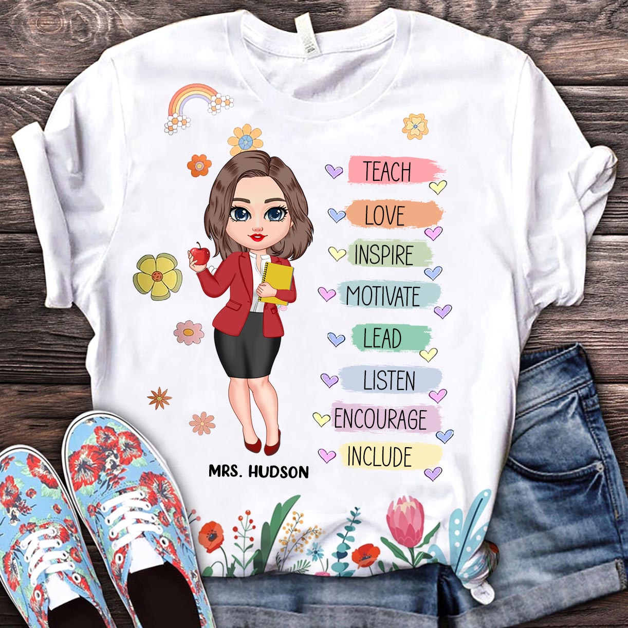 Teacher Floral Rainbow Personalized 3D T-shirt Teacher Appreciation Thank You Gift