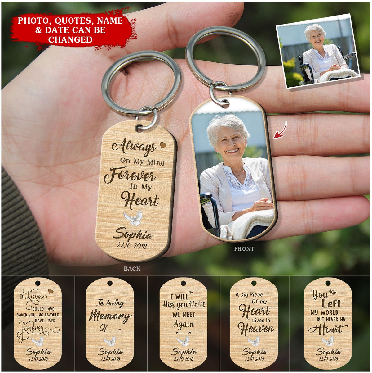 personalized Always On My Mind Forever In My Heart Memorial Wooden Keychain
