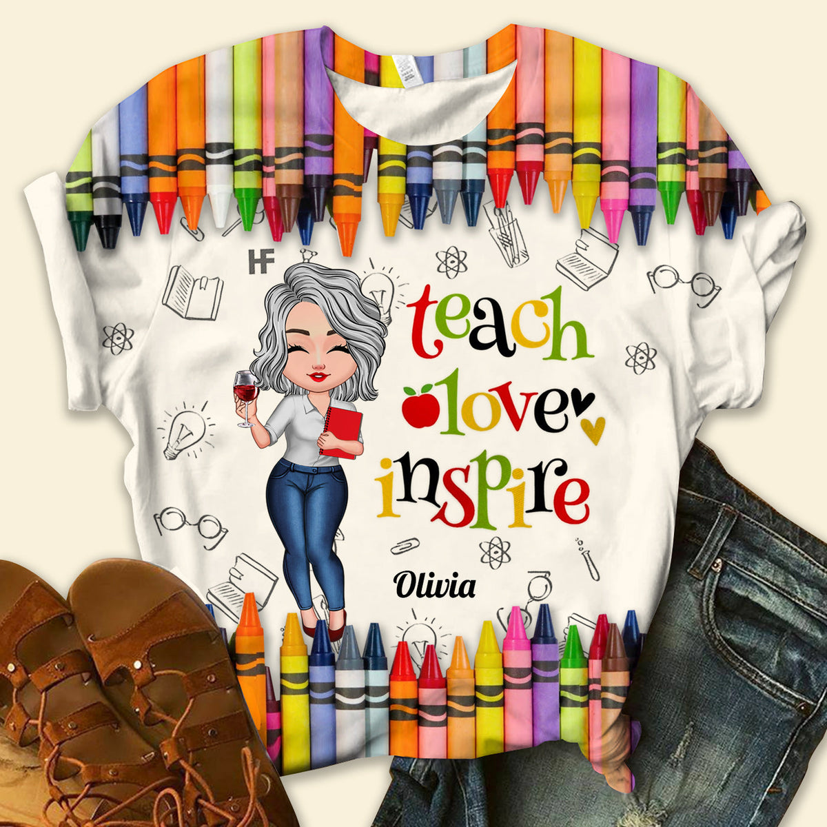 Colorful Crayon Teach Love Inspire Cute Pretty Doll Teacher Personalized 3D T-shirt