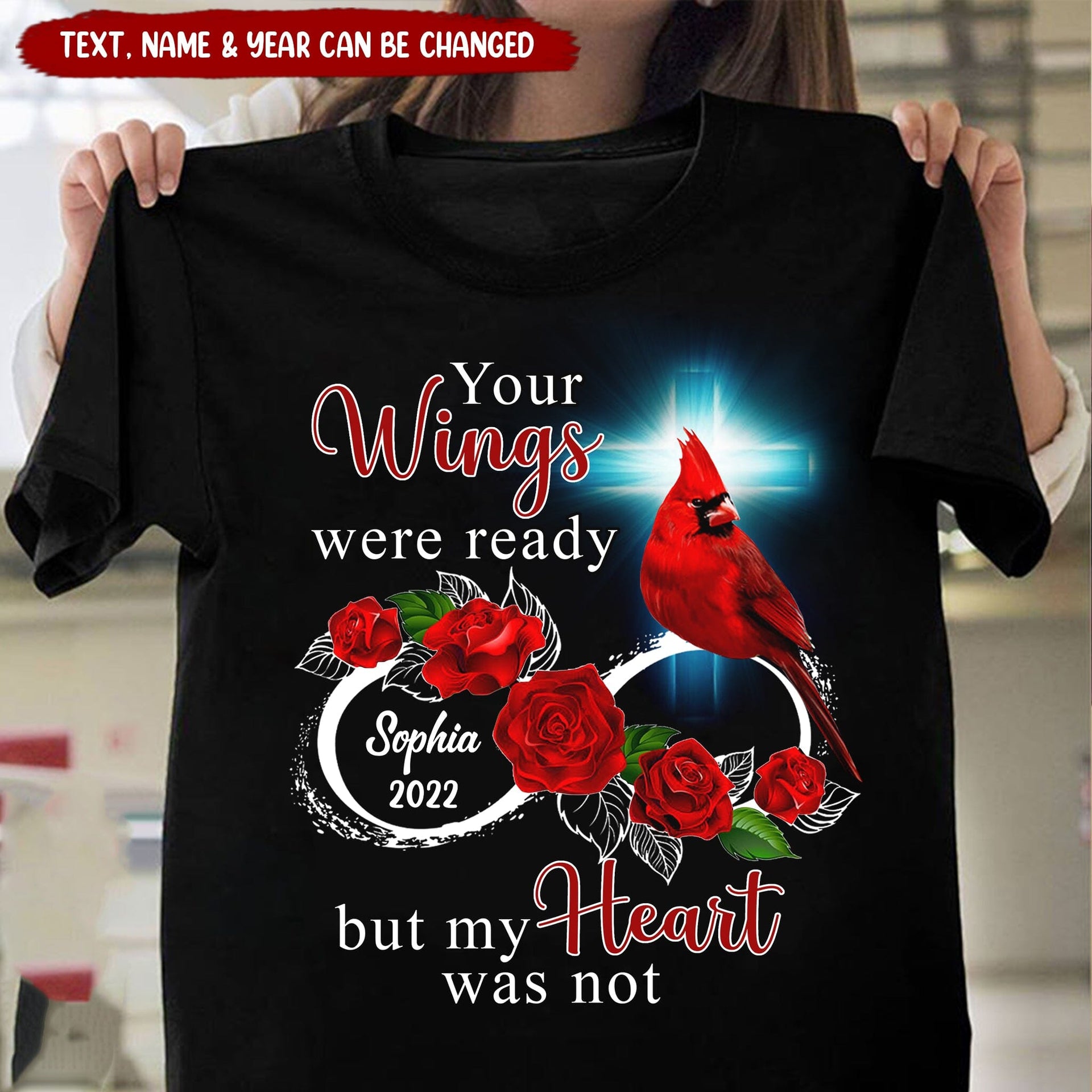 Custom Name & Date Family Loss Cardinal Rose Infinite Love Memorial Gift Black T-shirt