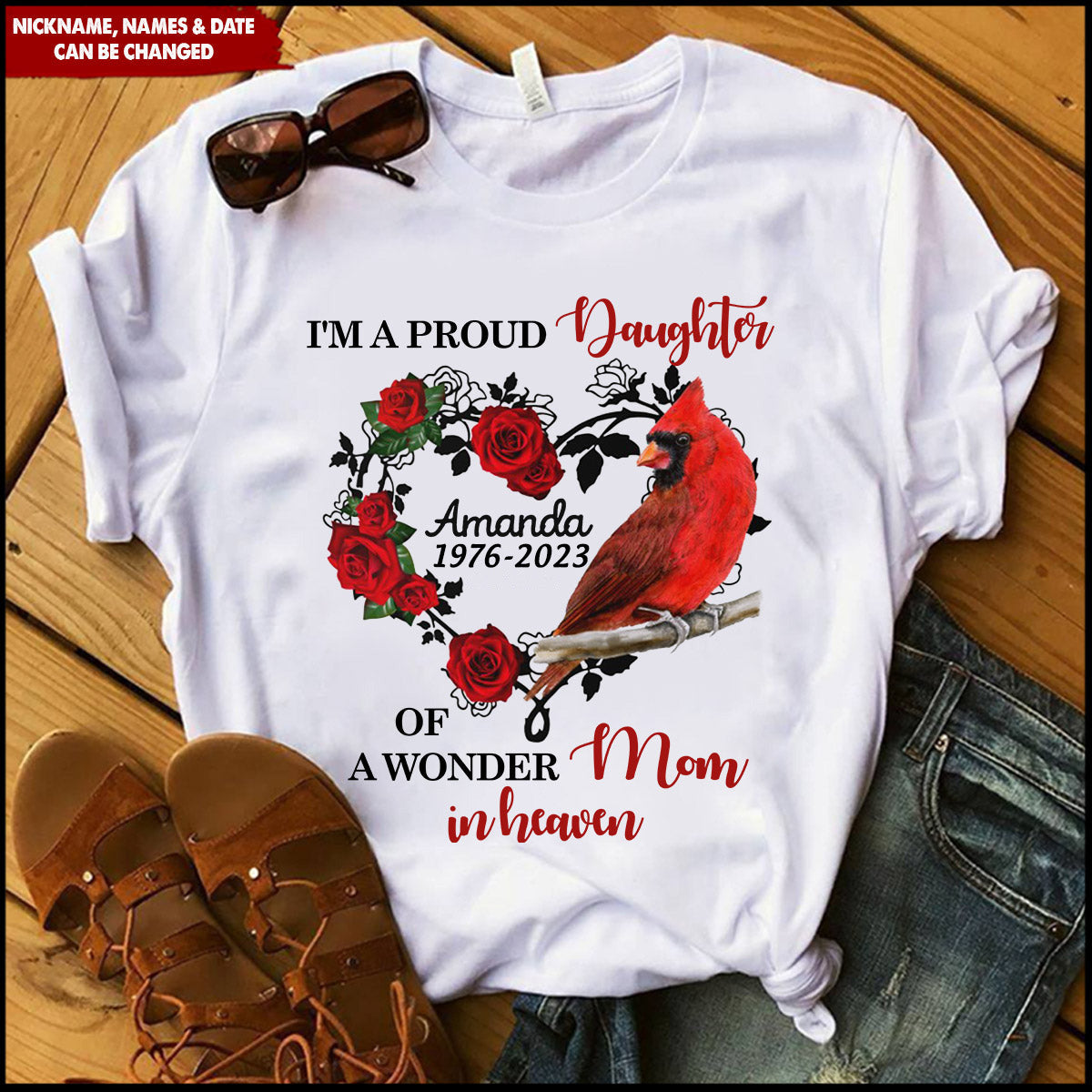 Personalized Family Loss Mom Dad Grandma Grandpa In Heaven Cardinal Heart Rose Tshirt
