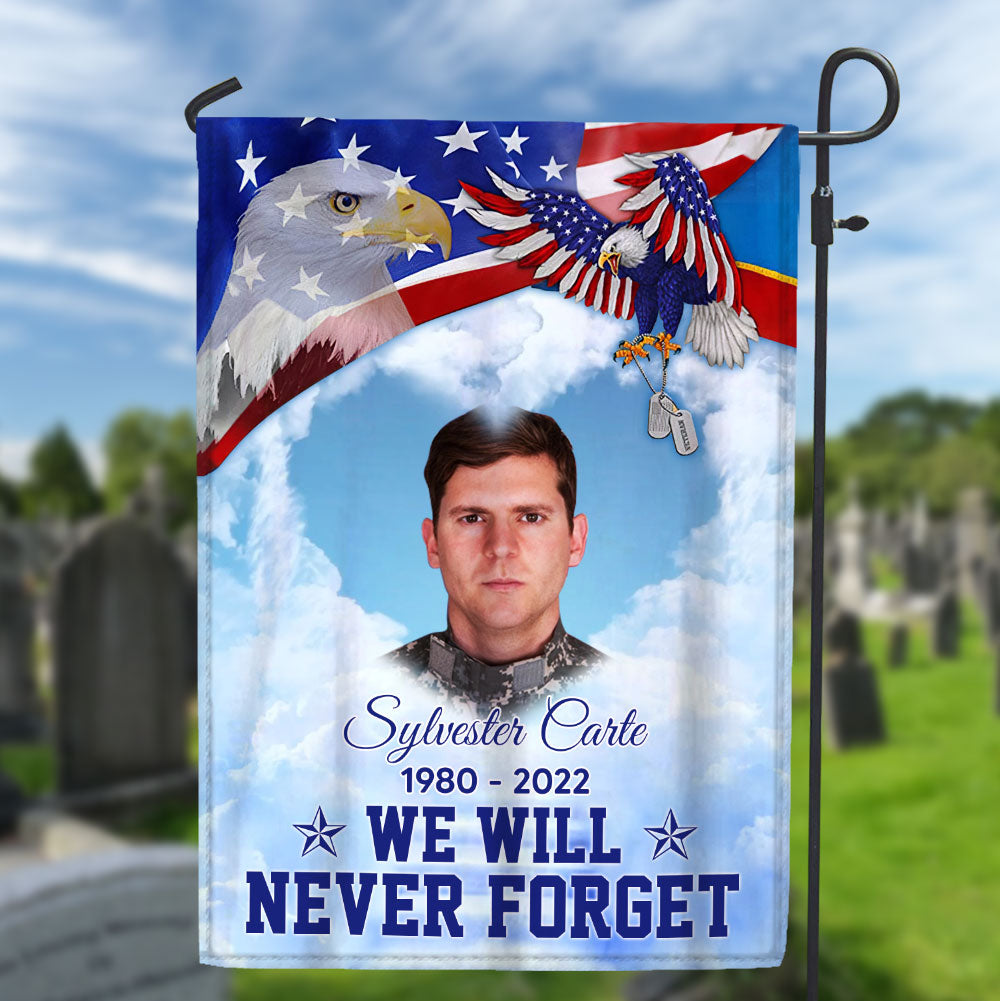 4th Of July Memorial Upload Photo We Will Never Forget American Flag Eagle Personalized Flag