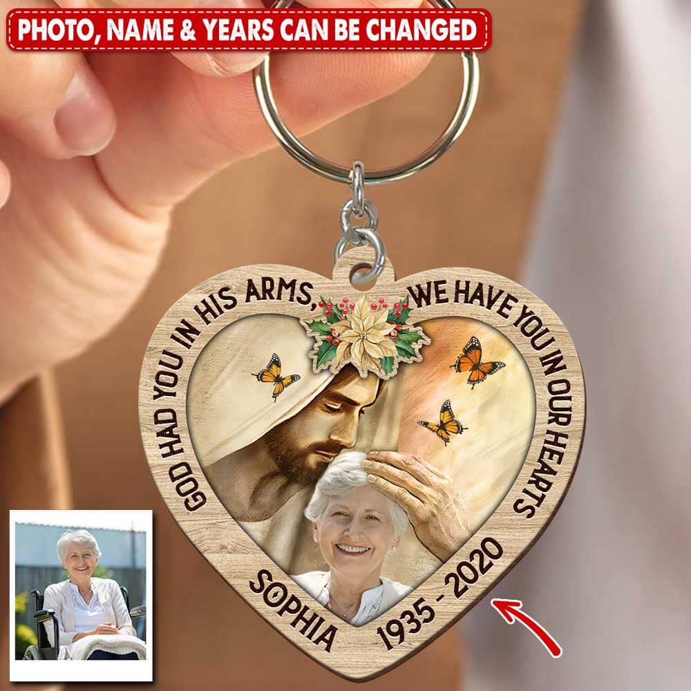 Memorial Custom Photo Gift, God Has You In His Arms, I Have You In My Heart Personalized Keychain