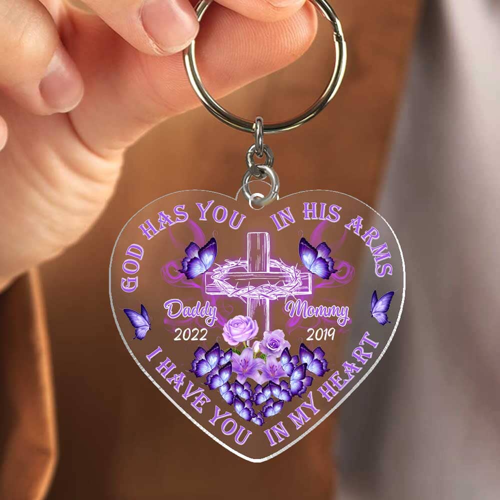 Memorial Purple Butterfly Cross, God Has You In His Arms, I Have You In My Heart Personalized Keychain