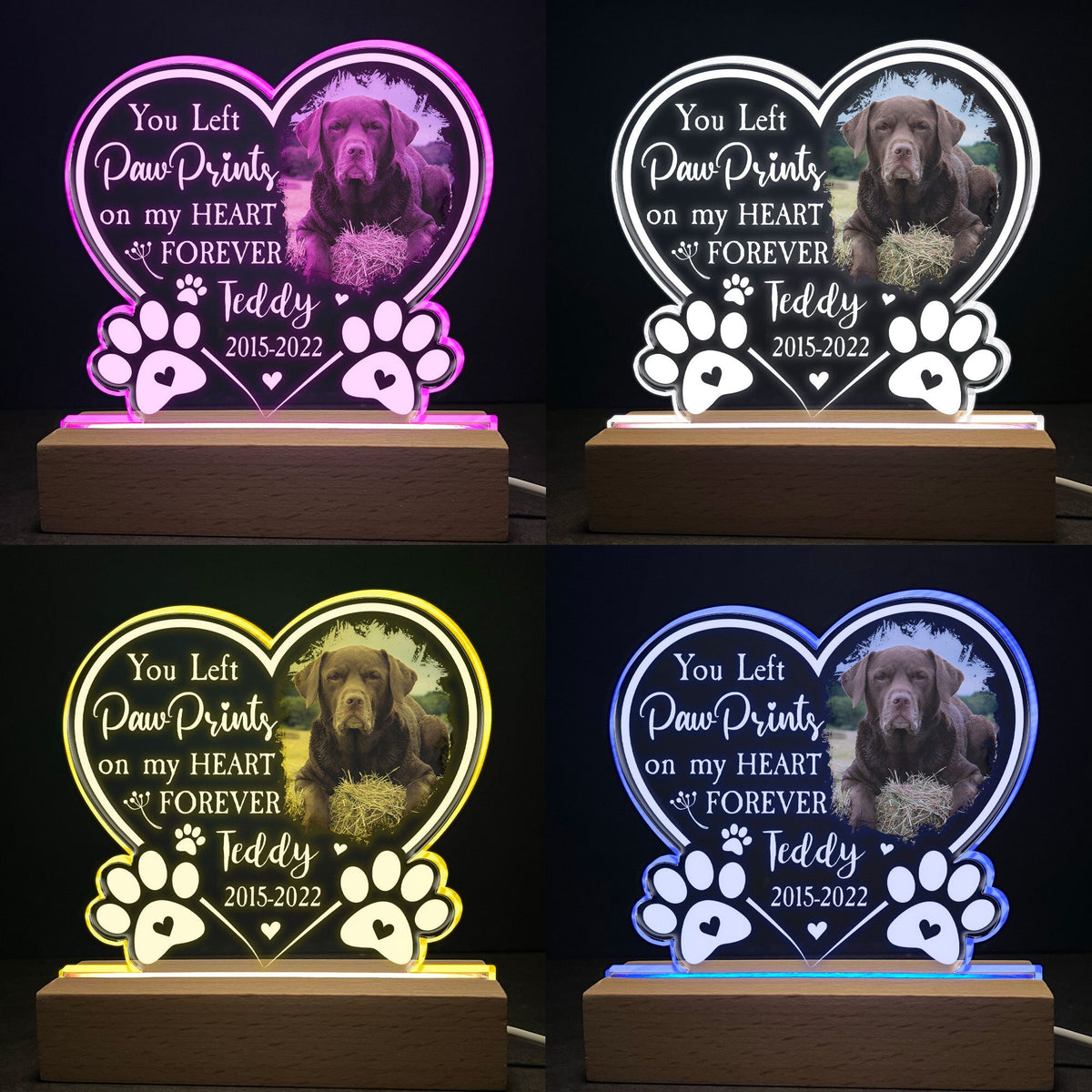 Paw Prints On My Heart - Personalized 3D LED Light Wooden Base