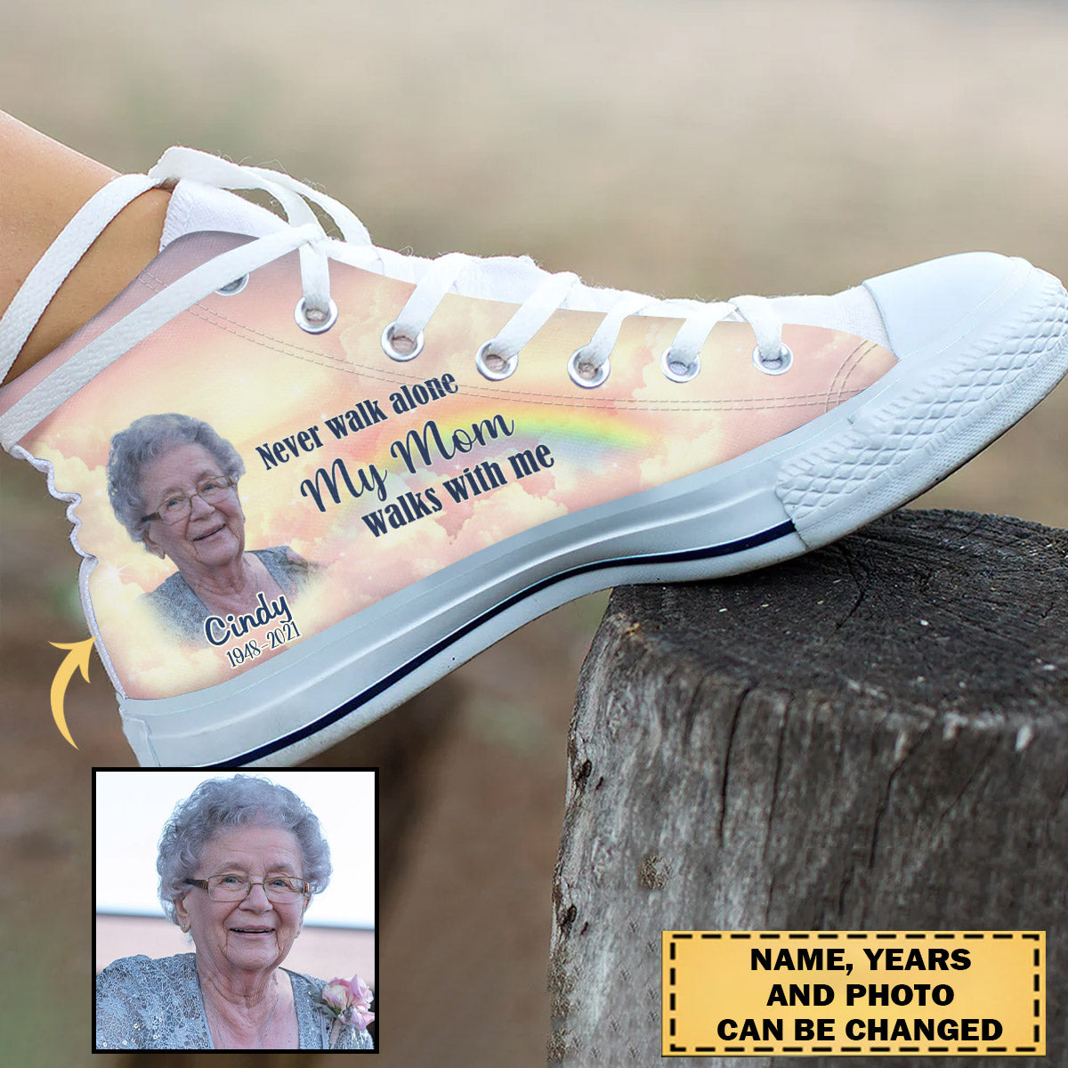 Upload Photo Never Walk Alone Cloud Rainbow Background Memorial Personalized High Top Shoes