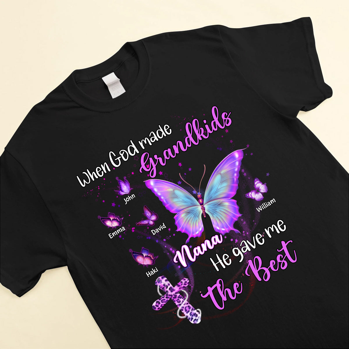 Sparkling Jesus Butterfly Grandma Grandkids-When God Made Grandkids He Gave Me The Best Personalized Shirt