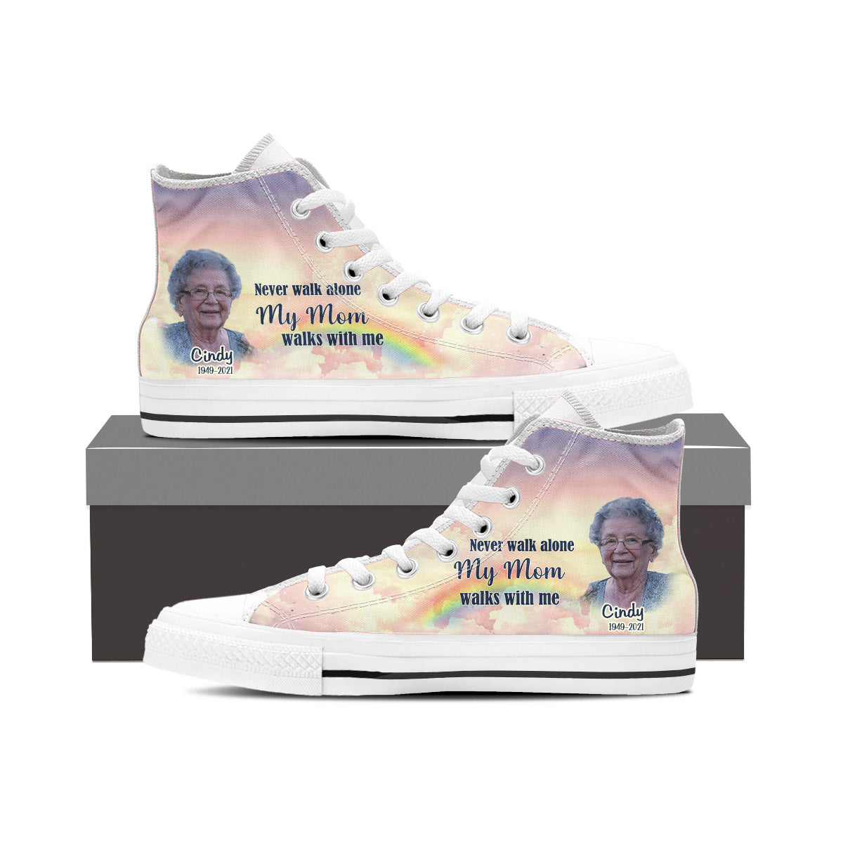 Upload Photo Never Walk Alone Cloud Rainbow Background Memorial Personalized High Top Shoes