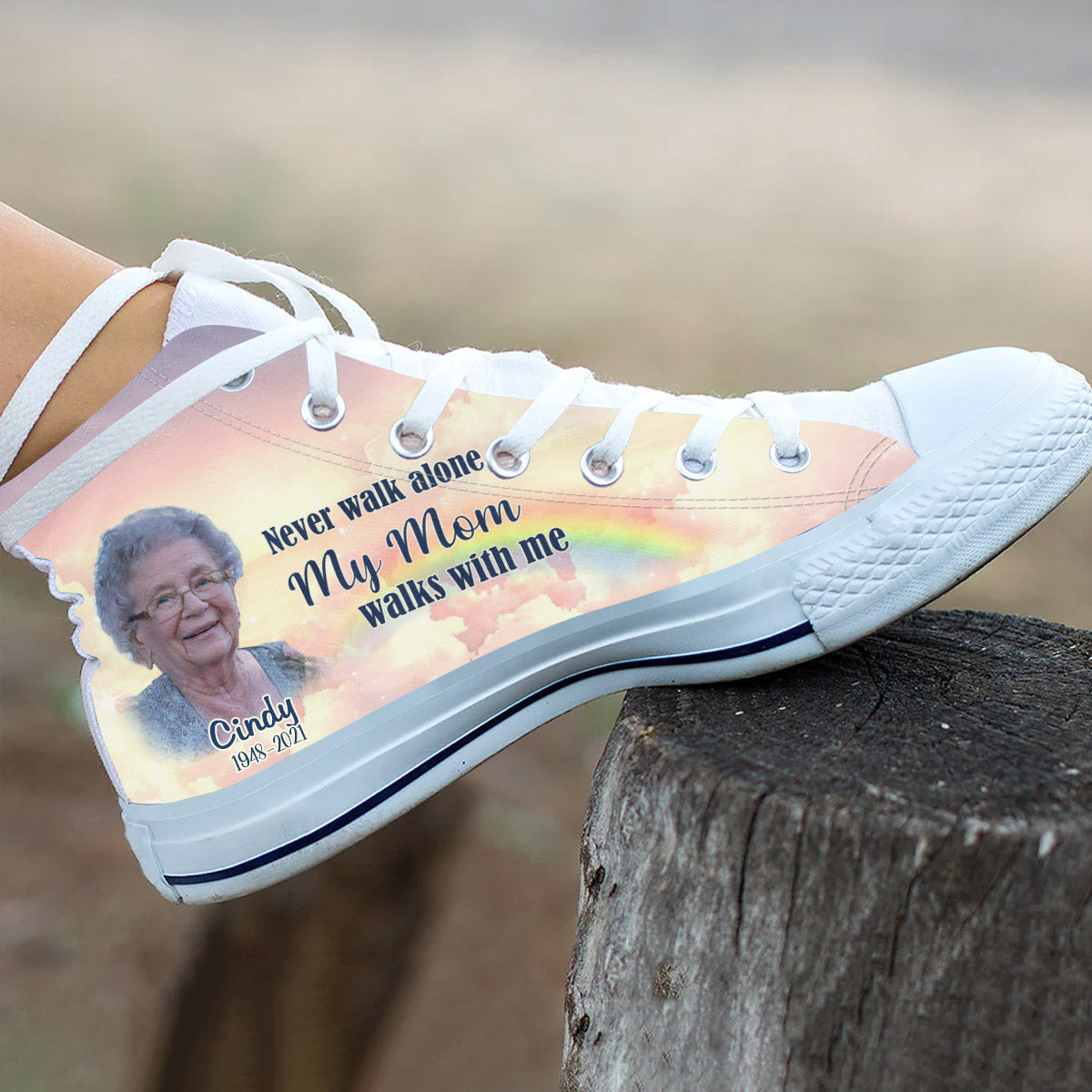 Upload Photo Never Walk Alone Cloud Rainbow Background Memorial Personalized High Top Shoes