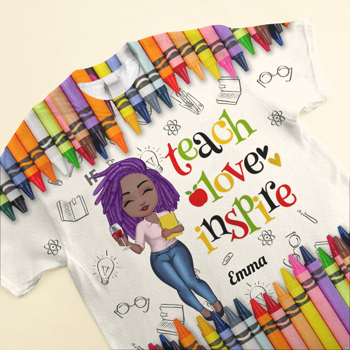 Colorful Crayon Teach Love Inspire Cute Pretty Doll Teacher Personalized 3D T-shirt